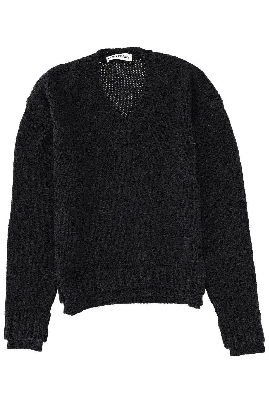 Our Legacy men’s black knit v-neck sweater with ribbed cuffs and hem featuring a textured weave