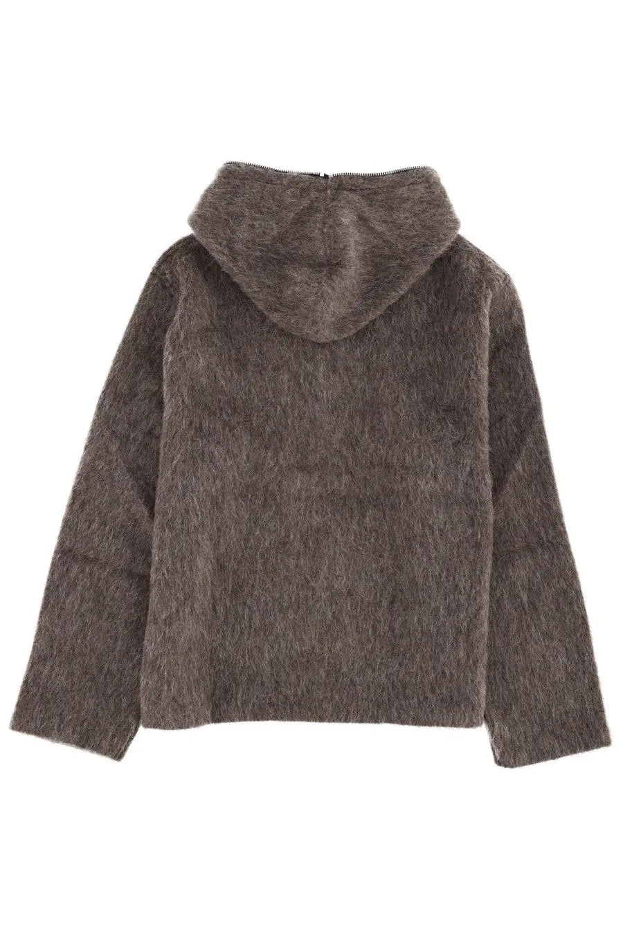 Our Legacy men’s felpa con cappuccio grey textured brown faux fur hooded jacket with soft fluffy lining
