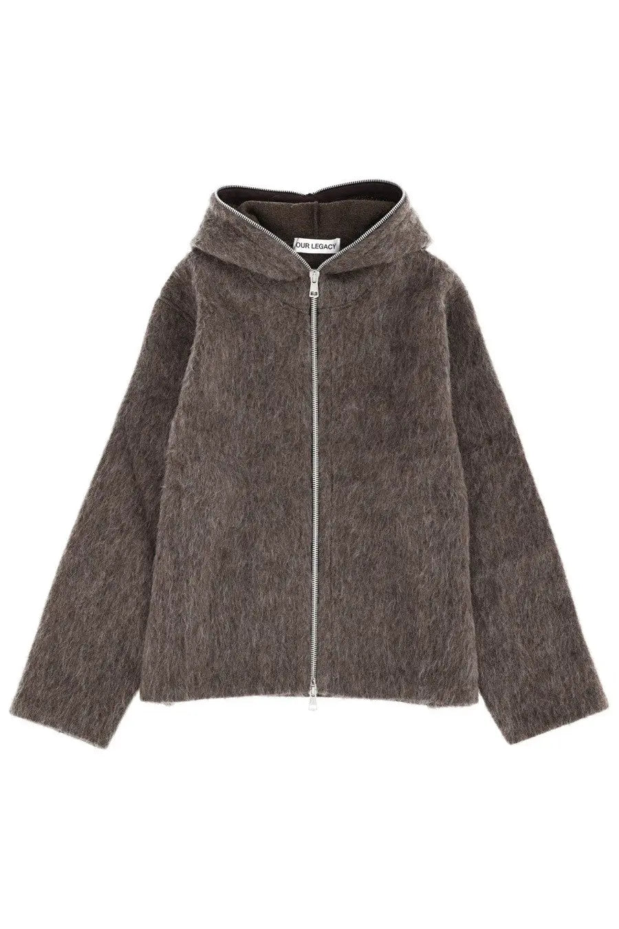 Our Legacy men’s felpa con cappuccio grey cozy dark gray fuzzy hooded jacket with silver zipper and ribbed cuffs