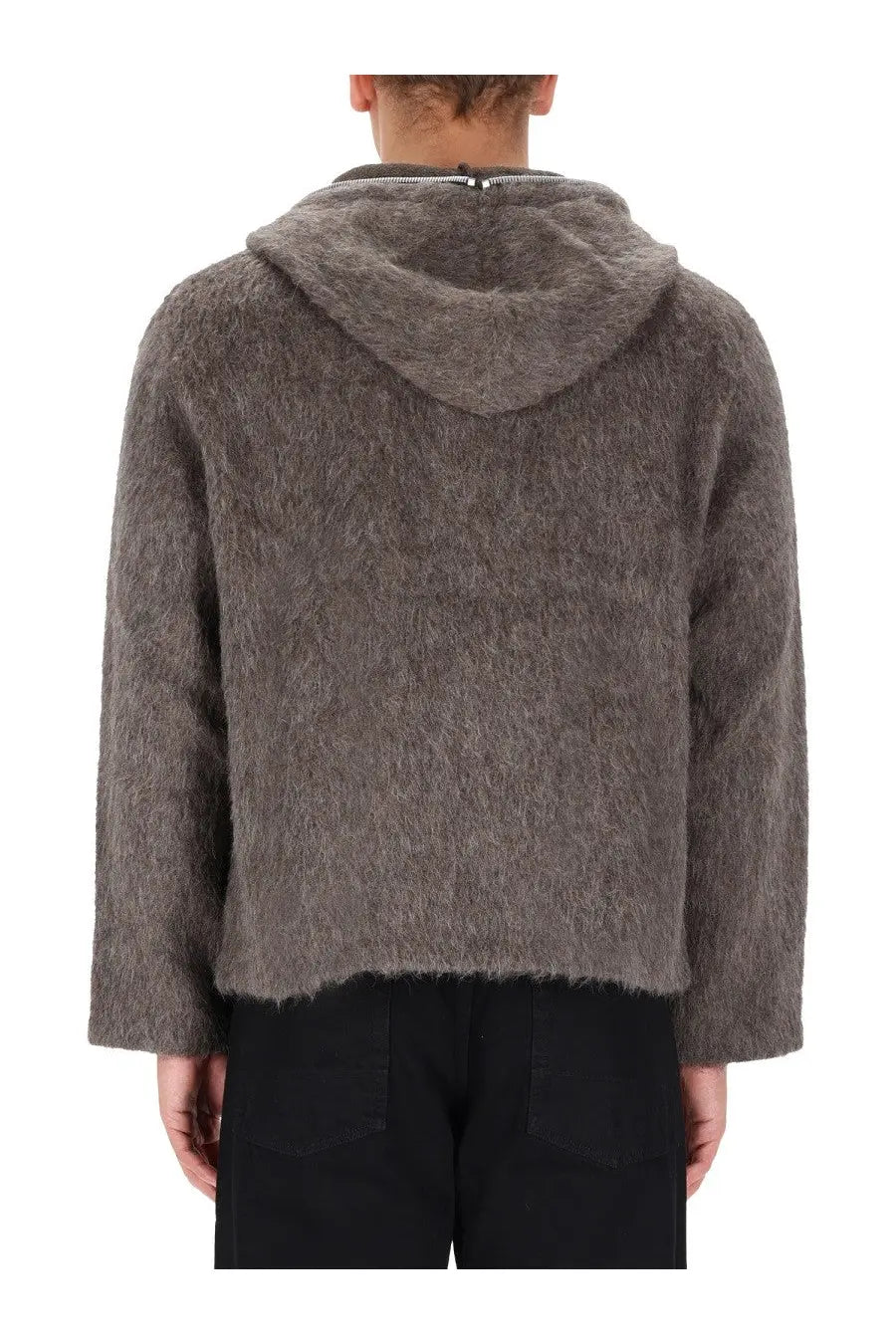 Our Legacy men’s felpa con cappuccio grey textured fuzzy hooded jacket with soft shaggy material and cropped silhouette