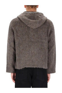 Our Legacy men’s felpa con cappuccio grey textured fuzzy hooded jacket with soft shaggy material and cropped silhouette
