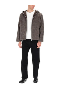Our Legacy men’s felpa con cappuccio grey hooded jacket with textured mohair finish and white zipper trim