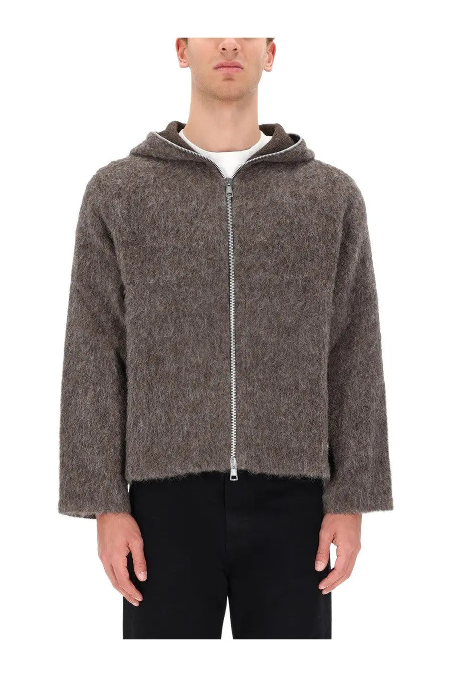 Our Legacy men’s felpa con cappuccio grey zip-up hoodie features textured soft fuzzy knit fabric and silver zipper