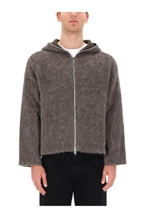 Our Legacy men’s felpa con cappuccio grey zip-up hoodie features textured soft fuzzy knit fabric and silver zipper