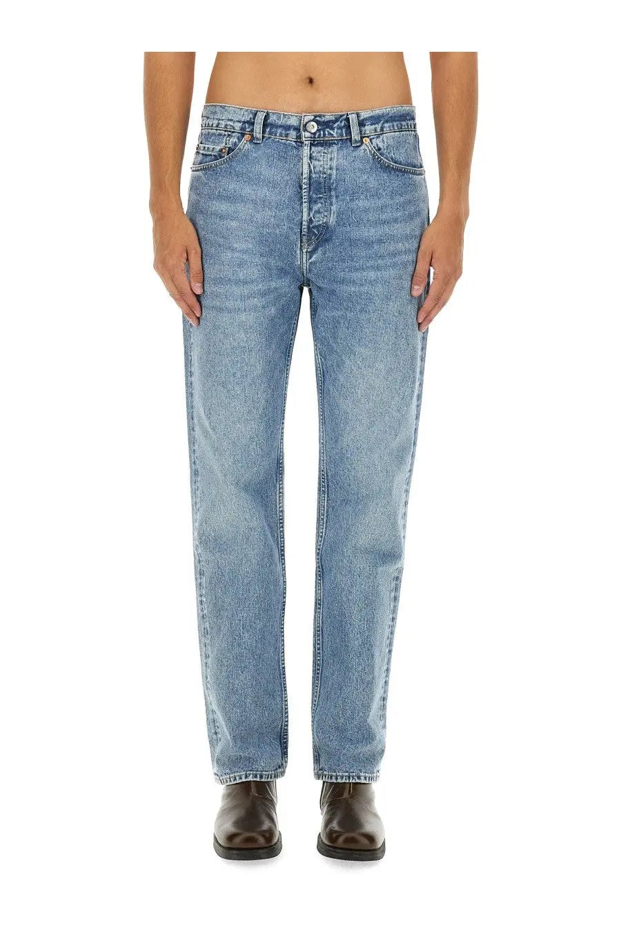 Our legacy men’s first cut jeans blue light-wash denim with straight-leg cut and classic five-pocket design