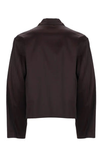 Our Legacy men’s giacca mini con zip brown sleek dark brown satin blazer with classic collar and long sleeves