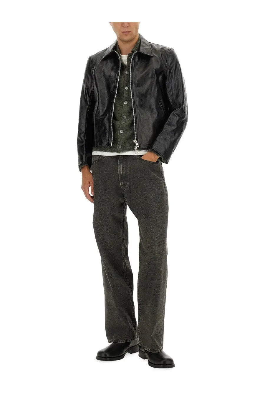 Our Legacy men’s Giacca Mini in Pelle black leather moto jacket with black glossy finish and silver zipper accents