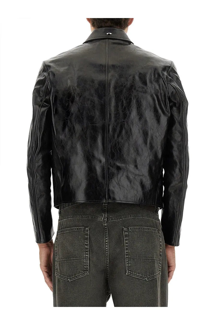 Our Legacy men’s giacca mini in pelle black glossy black leather biker jacket with subtle creases