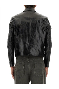 Our Legacy men’s giacca mini in pelle black glossy black leather biker jacket with subtle creases
