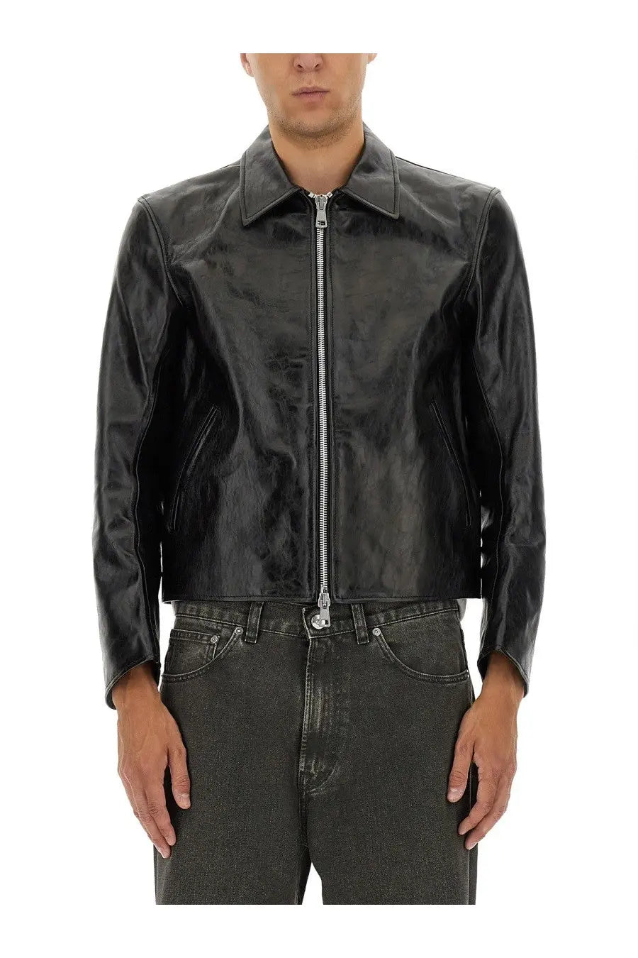 Our legacy men’s giacca mini in pelle black black leather bomber jacket with silver zipper and collar front view
