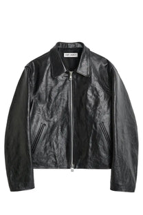 Our Legacy men’s giacca mini in pelle black leather jacket with textured slightly crinkled surface and classic collar