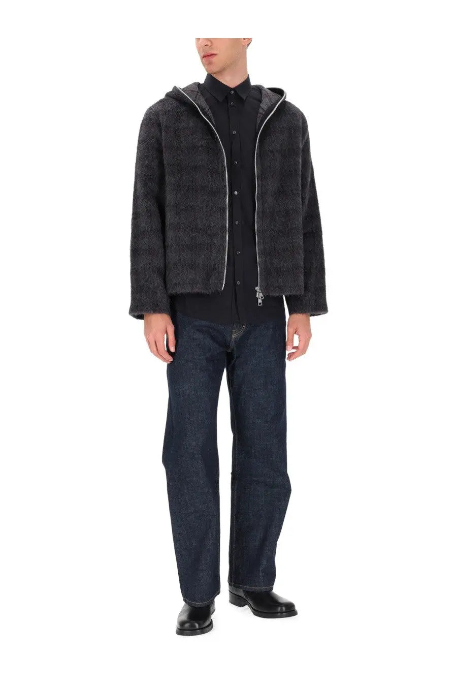Our Legacy men’s hoodie grey with black faux fur hooded jacket featuring subtle texture and silver zipper trim