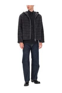 Our Legacy men’s hoodie grey with black faux fur hooded jacket featuring subtle texture and silver zipper trim