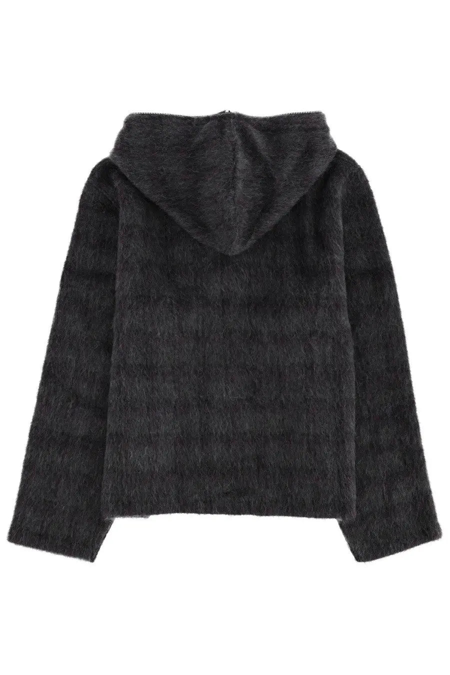 Our Legacy men’s hoodie grey black fuzzy hooded sweatshirt with soft textured fabric and ribbed cuffs