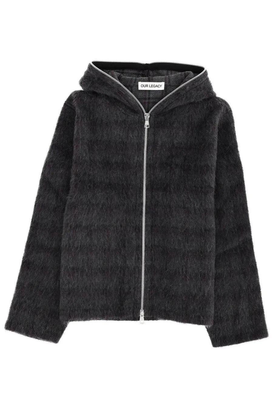 Our legacy men’s grey hoodie black fuzzy zip-up jacket with silver zipper and branded label for casual wear