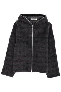 Our legacy men’s grey hoodie black fuzzy zip-up jacket with silver zipper and branded label for casual wear