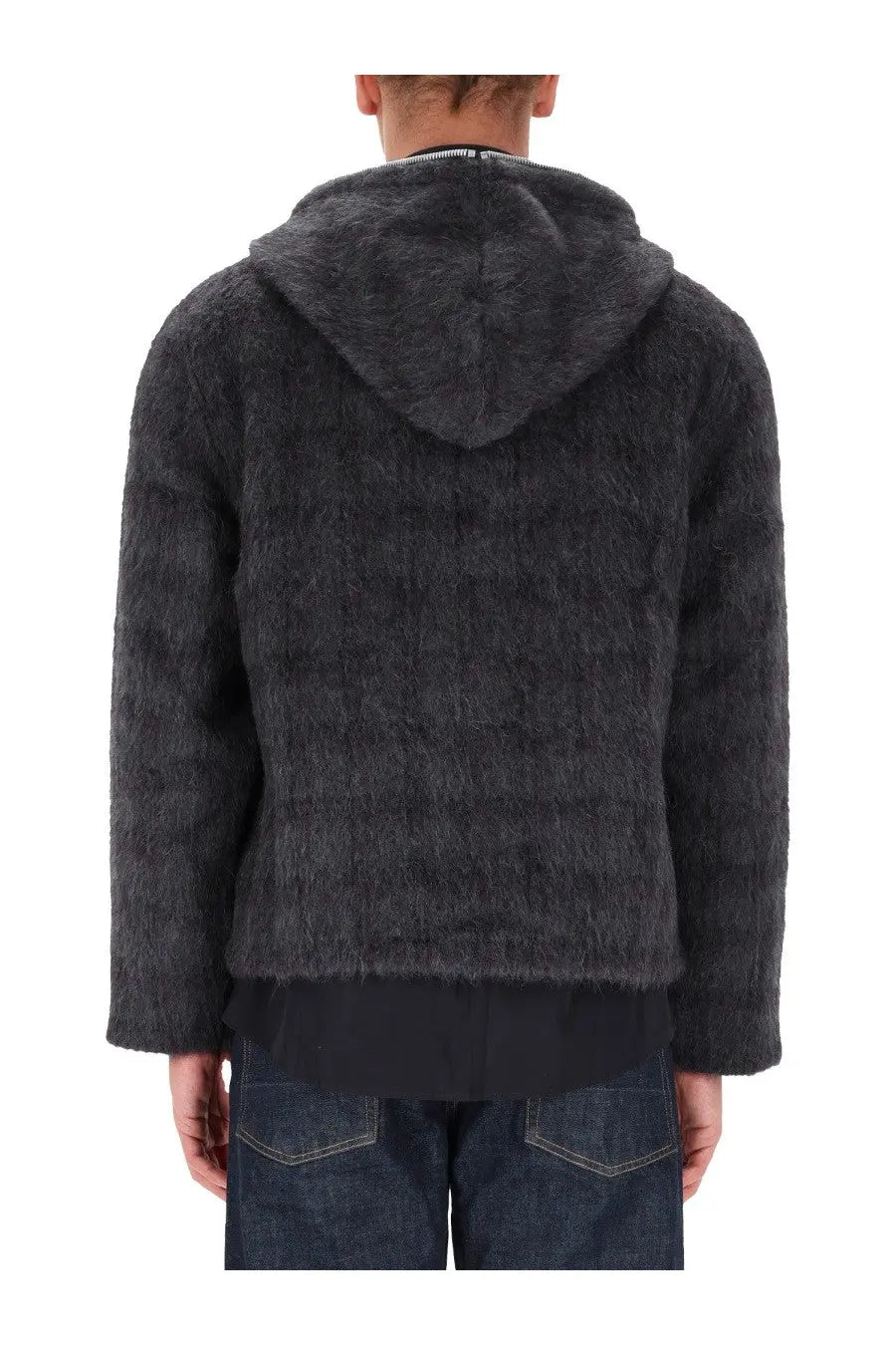 Our Legacy men’s hoodie grey dark gray plush faux-fur textured hooded jacket with a fuzzy soft material