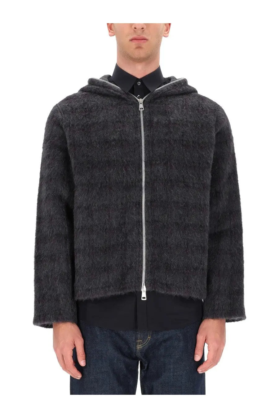 Our Legacy men’s hoodie grey dark gray textured faux-fur hooded jacket with silver zipper front view