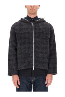 Our Legacy men’s hoodie grey dark gray textured faux-fur hooded jacket with silver zipper front view