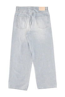 Our Legacy men’s light-wash denim jeans with relaxed straight-leg cut and frayed hems in vast cut blue