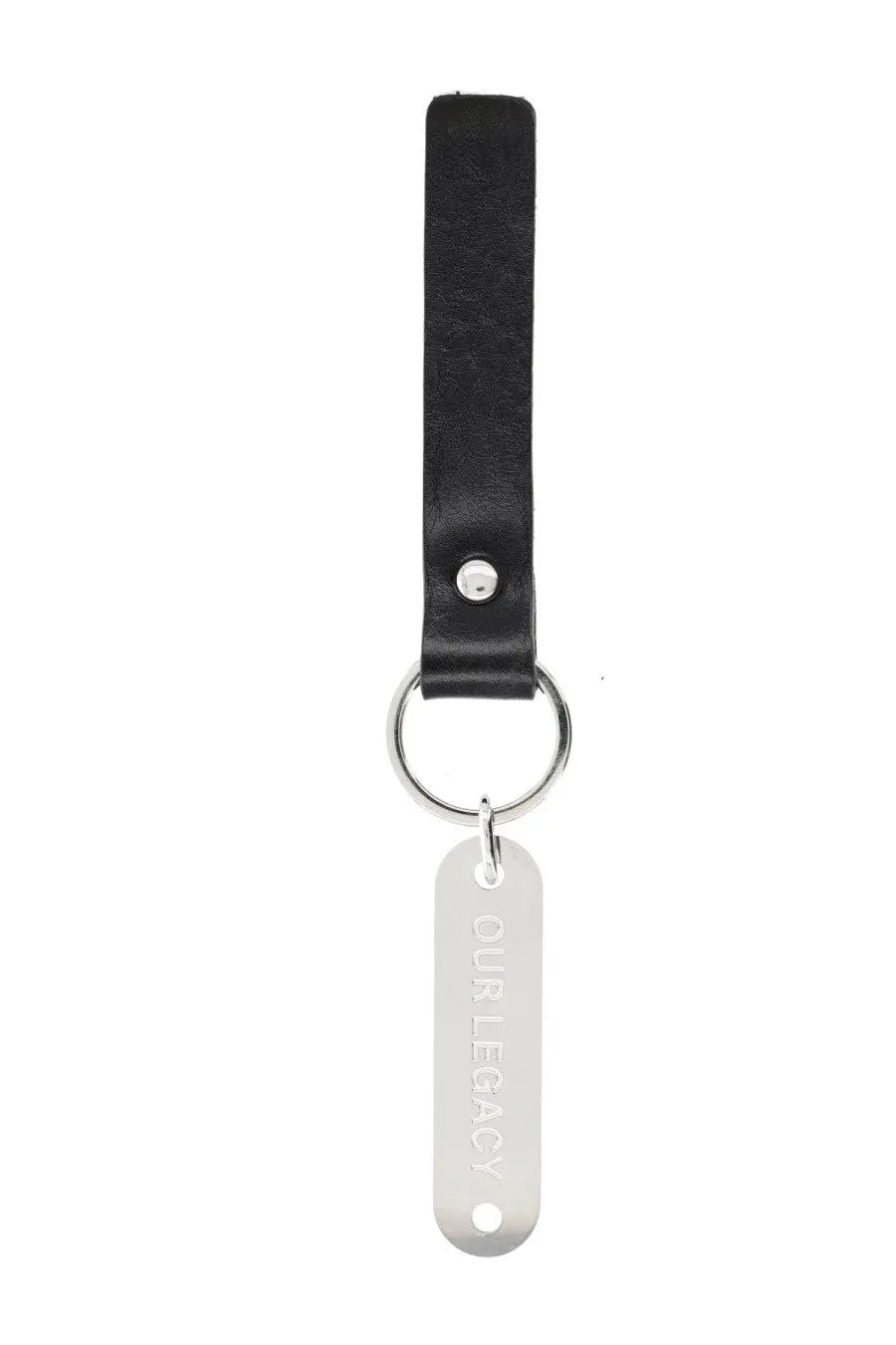 Our Legacy black leather keychain with silver engraved tag