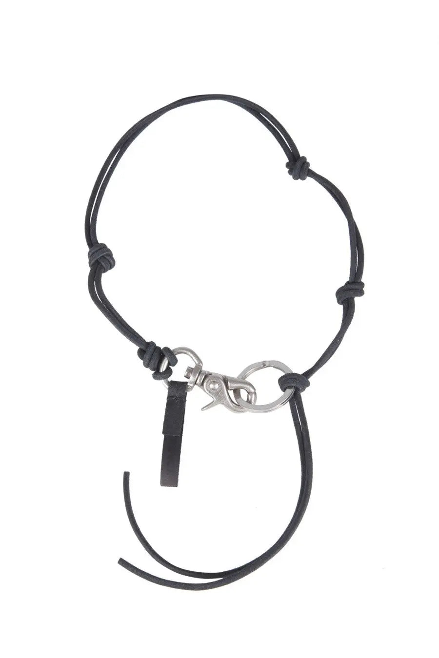 Our legacy men’s ladon necklace black featuring a black leather cord keychain with silver metal clasp and small strap attachment