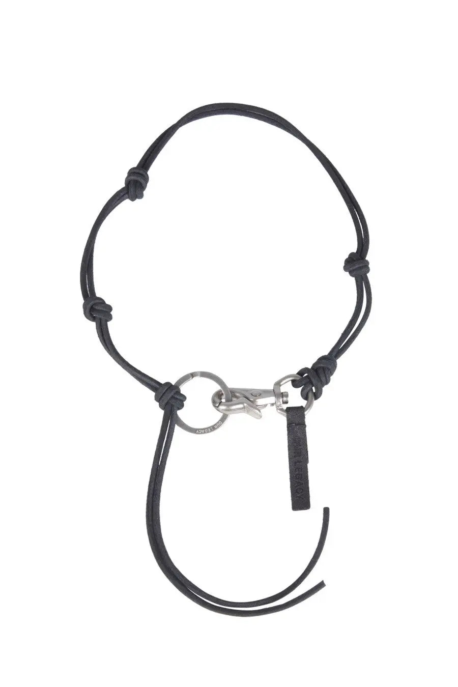Our Legacy men’s Ladon necklace black featuring a black leather keychain with silver-toned metal clasp and tag