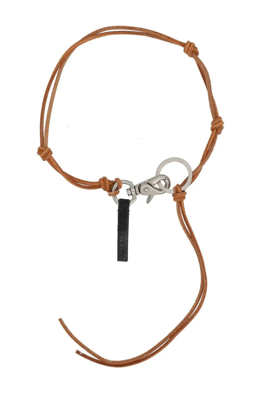 Tan leather cord keychain with silver metal clasp and black tag inspired by our legacy men’s ladon necklace pink
