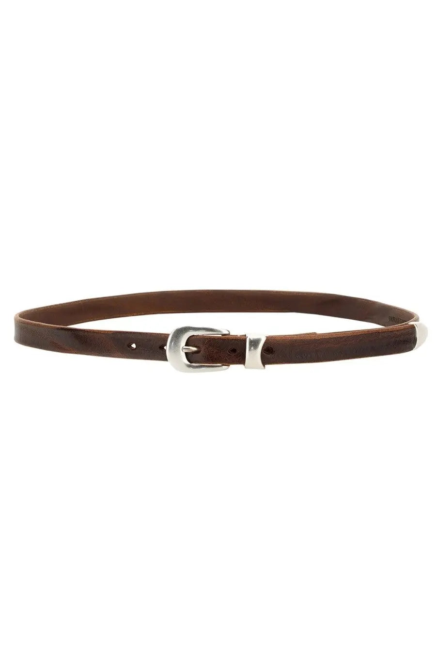 Our legacy men’s leather belt in brown features a silver-toned buckle and white-tipped ends