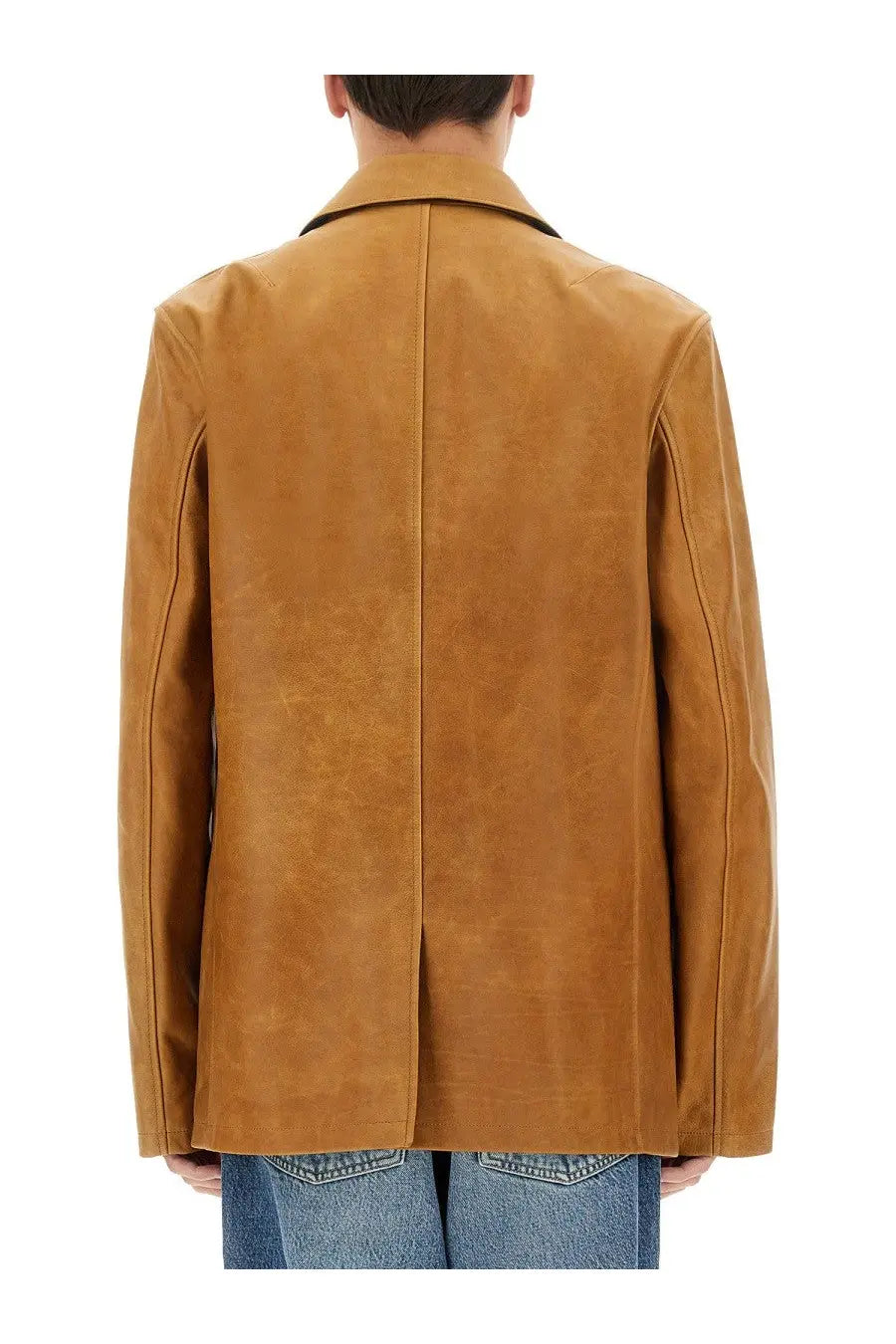 Our Legacy men’s leather opening blazer brown tan suede with classic collar and clean straight seams