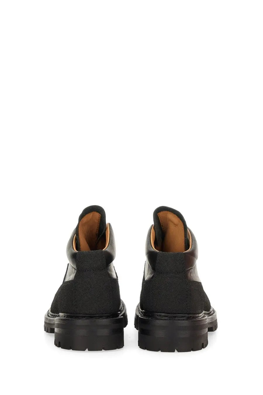 Our legacy men’s leather quest shoe black black leather and canvas combat boots with chunky rubber sole front view