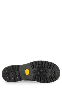 Black rubber sole with yellow vibram logo and detailed tread pattern on our legacy men’s leather quest shoe black