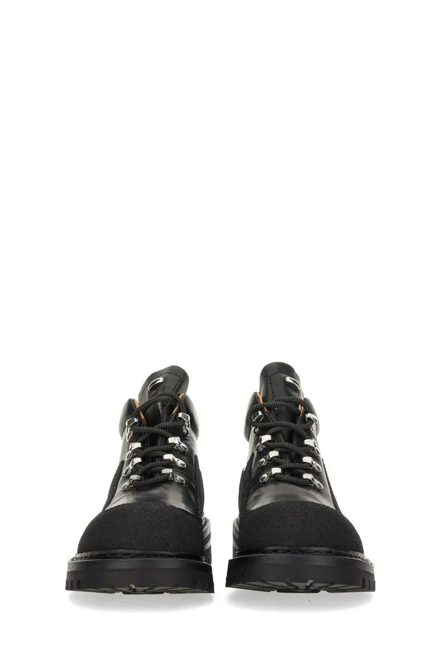 Our Legacy men’s leather Quest shoe black leather and suede combat boots with silver-toned eyelets front view
