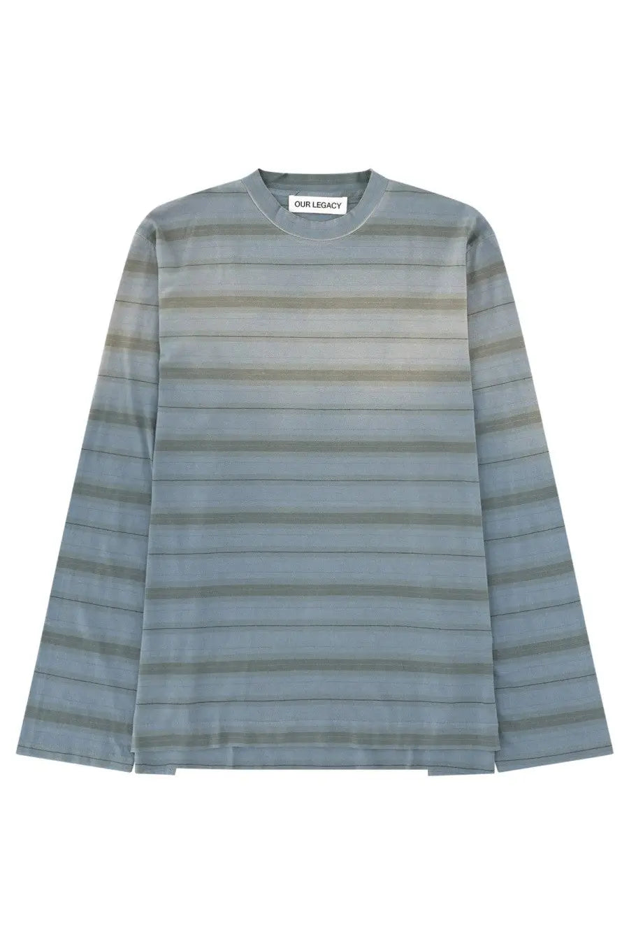Our legacy men’s long sleeve box shirt in soft gradient muted blue and gray horizontal stripes with subtle texture
