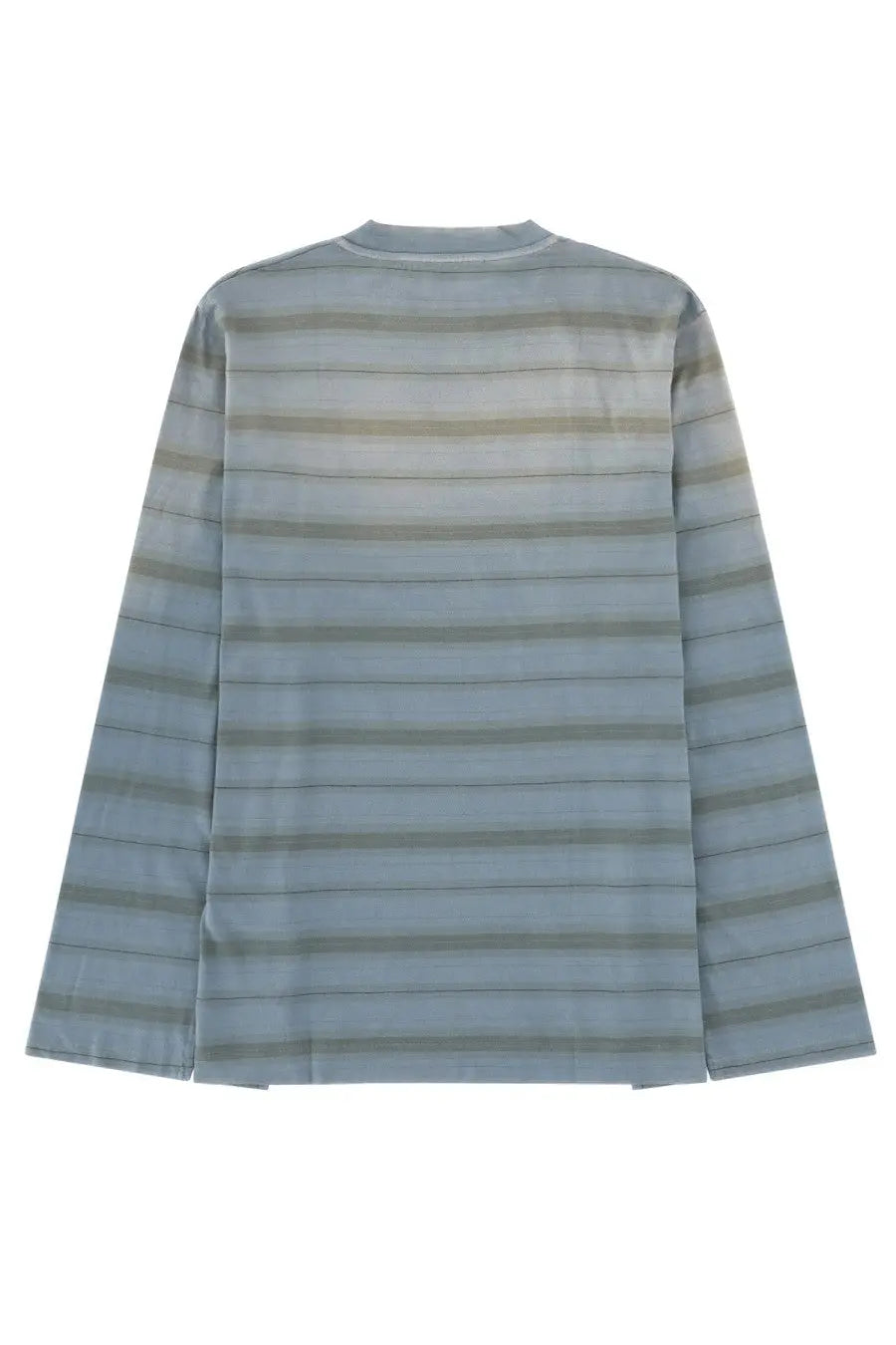 Our Legacy men’s long sleeve box shirt in multicolor features soft fabric with blue and gray horizontal stripes