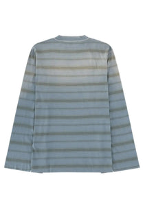 Our Legacy men’s long sleeve box shirt in multicolor features soft fabric with blue and gray horizontal stripes