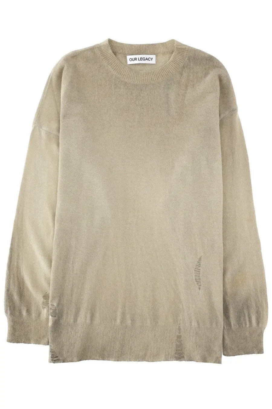 Beige oversized knit sweater with distressed rips at cuffs and hem our legacy men’s maglia slant knit beige