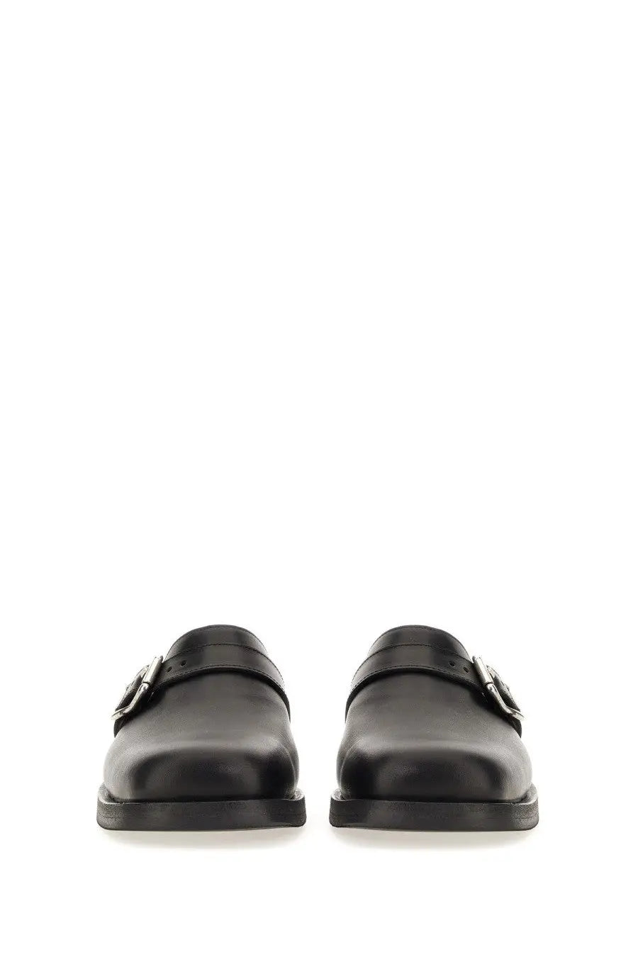 Our Legacy men’s mule camion black black leather moccasin loafers with silver-toned buckle details
