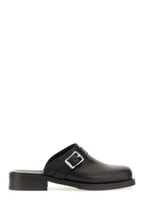 Our Legacy men’s mule camion black leather slip-on shoe with silver buckle and low block heel
