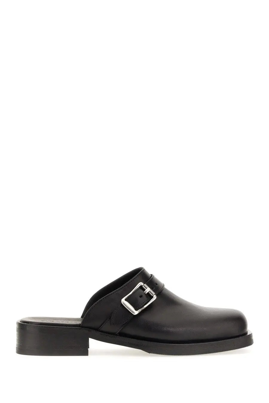 Our legacy men’s mule truck black black leather mule slip-on shoe with silver buckle and low block heel