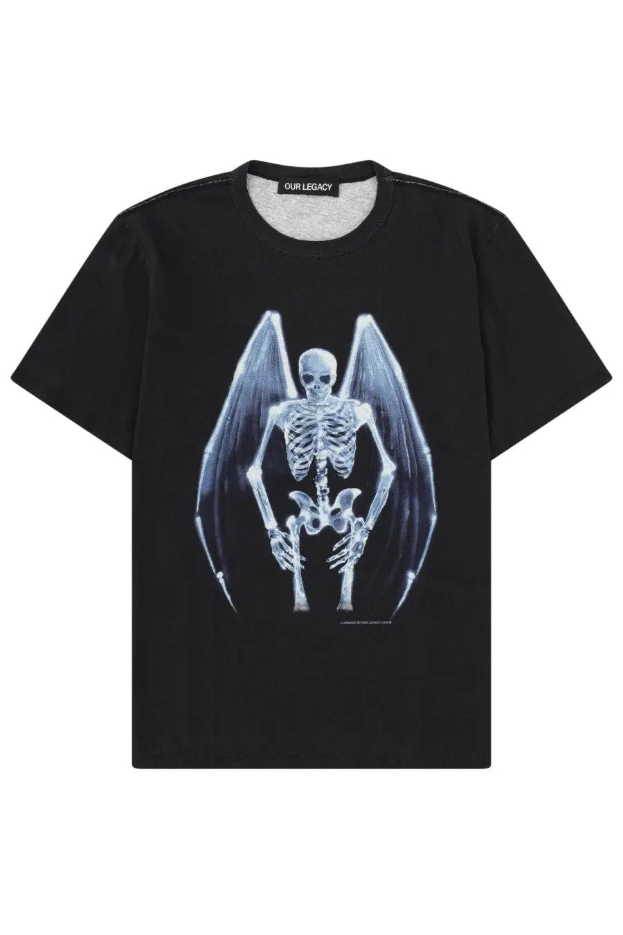 Our legacy men’s new box shirt black short-sleeved t-shirt with glowing blue x-ray skeleton wings print