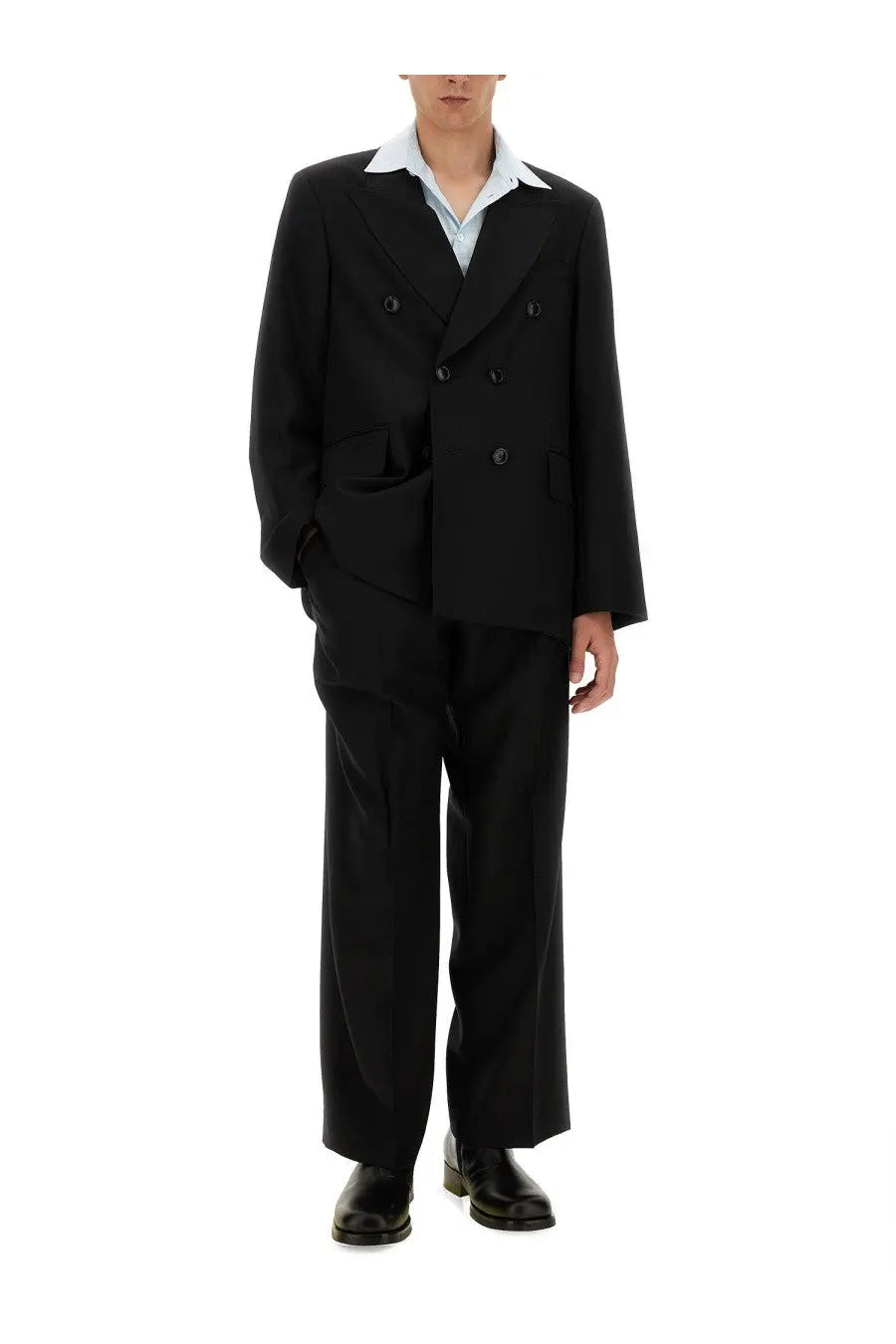 Our legacy men’s pantalone borrowed black black double-breasted suit jacket with notched lapel and matching trousers