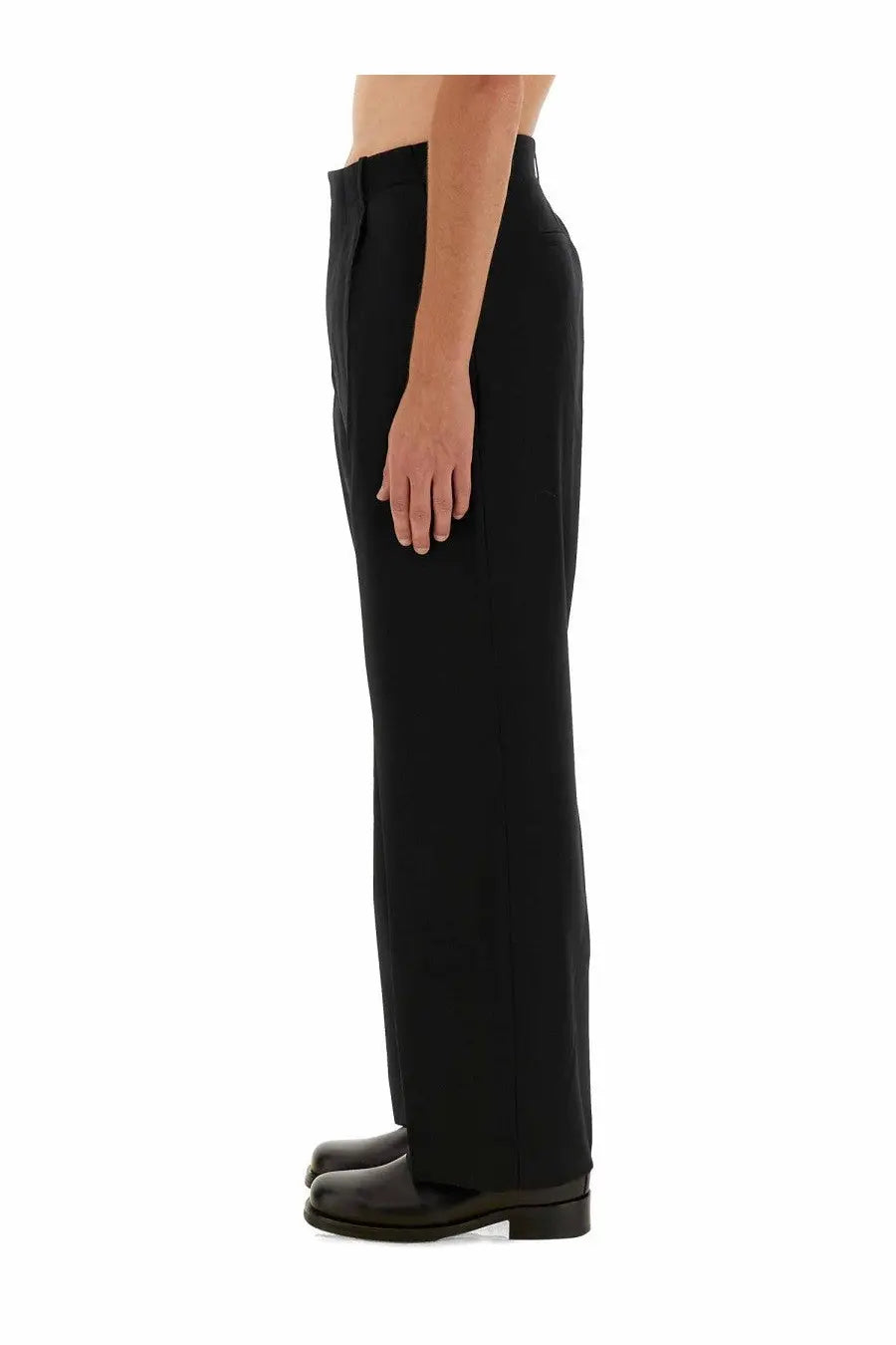 Our legacy men’s pantalone borrowed black tailored trousers with straight-leg cut and subtle waistband pleats