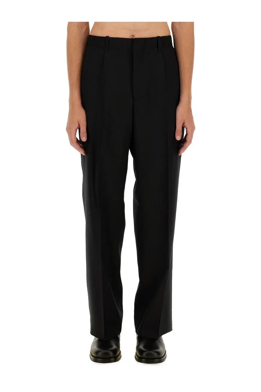 Our Legacy men’s pantalone borrowed black tailored trousers with straight-leg cut and subtle pleats at the waistband