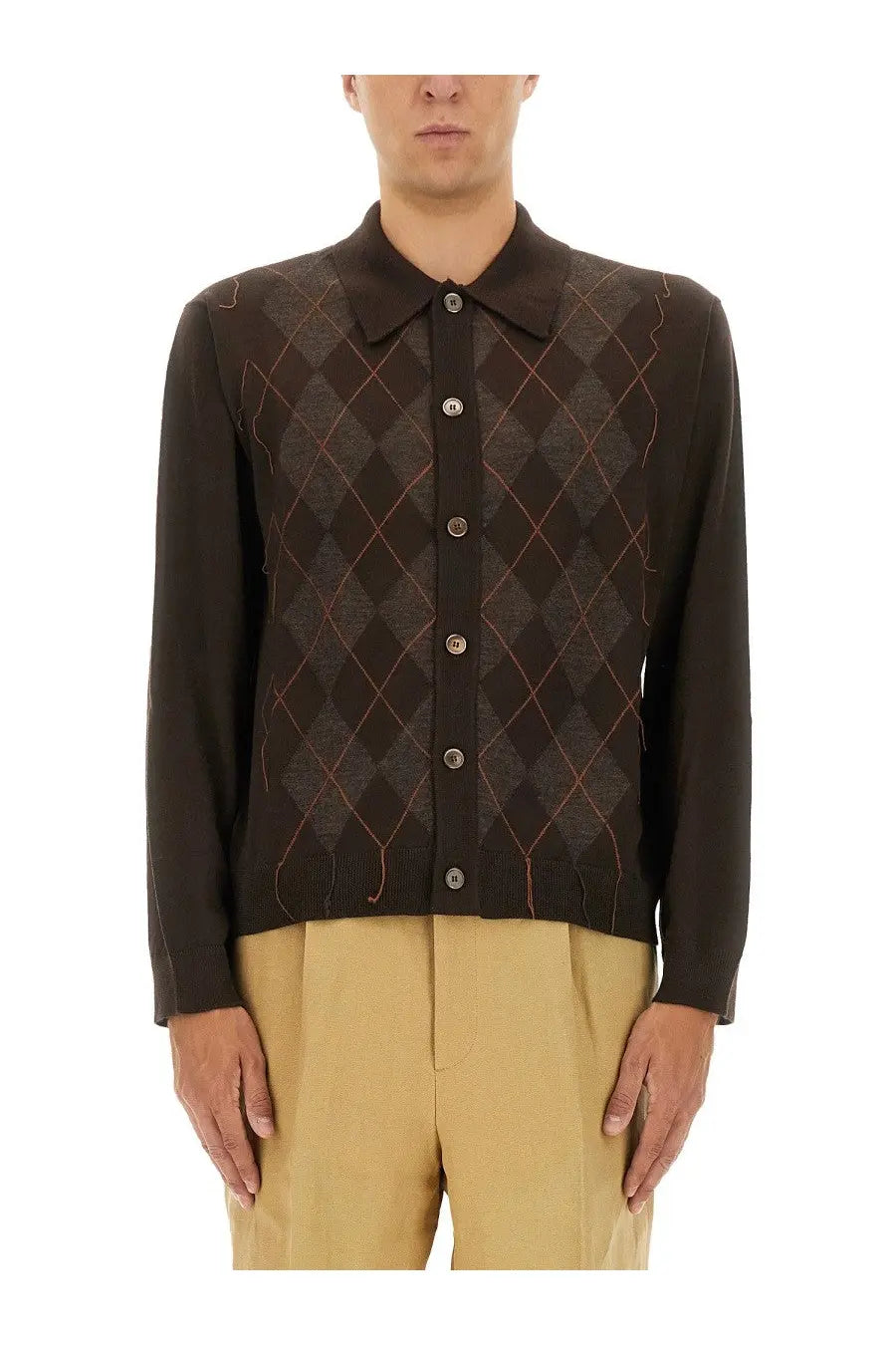 Our Legacy men’s dark brown argyle knit cardigan with reddish-brown diamond patterns and silver-toned buttons