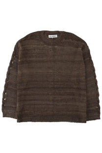 Our Legacy men’s popover jersey brown textured dark brown knit sweater with ribbed crew neck and braided side slits