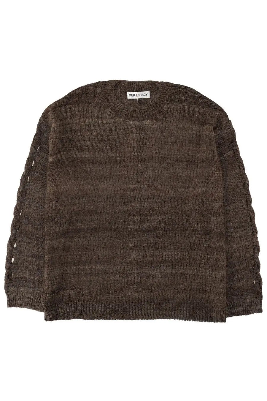 Our Legacy men’s popover jersey brown textured knit sweater with ribbed crew neck and braided side slits
