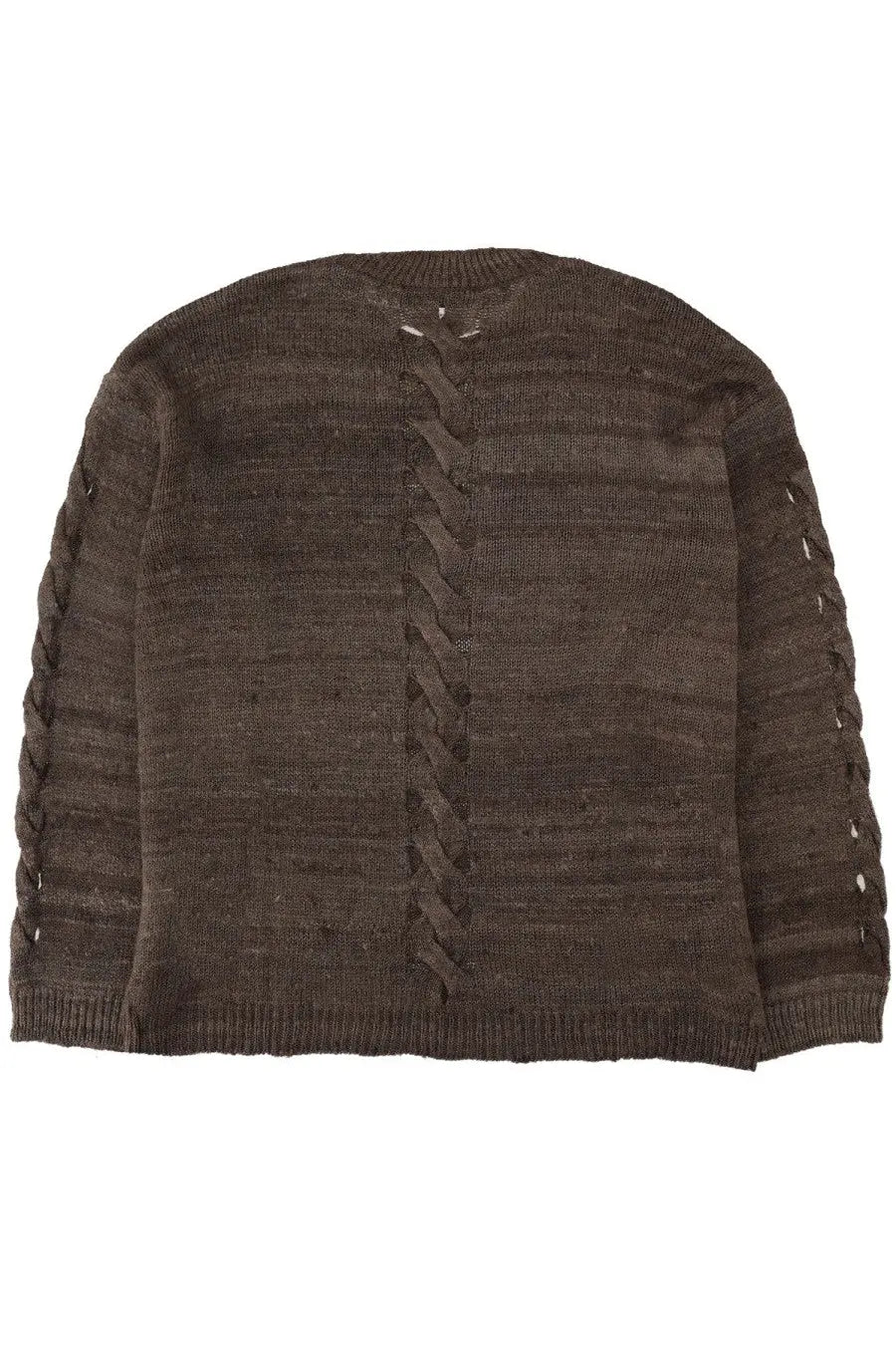 Back view of our legacy mens brown textured knit popover jersey with central braided lace up and sleeve panels