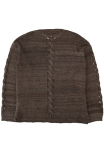 Back view of our legacy mens brown textured knit popover jersey with central braided lace up and sleeve panels