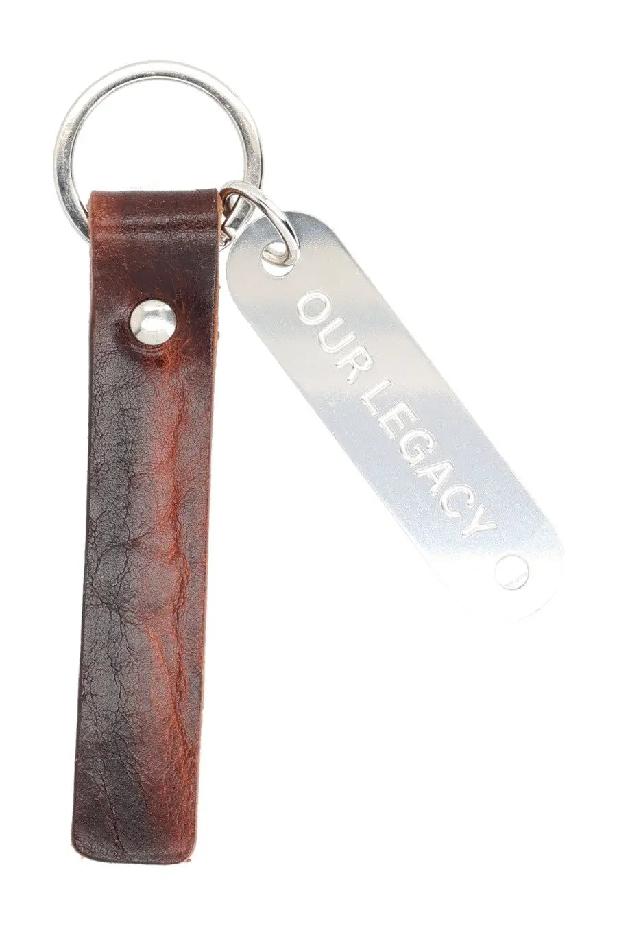 Brown leather keychain with silver metal tag engraved with our legacy from our legacy men’s portachiavi ring brown collection